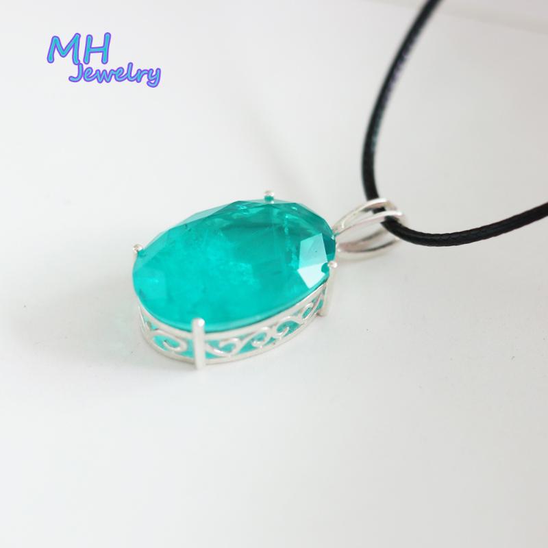 

Chains MH Created Paraiba Tourmaline Gemstone Match Leather Cord Or Silver Chain Necklace 925 Sterling Women Fine Jewelry Gift