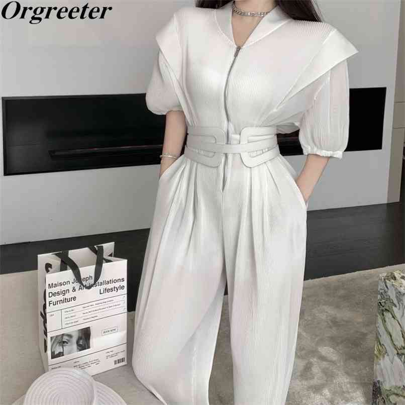 

Women Pleated Ruffle Slim Waist With Belt Tempeament Jumpsuits Summer Short Puff sleeve Front Zipper V-neck Stretch Playsuit 210602, Black