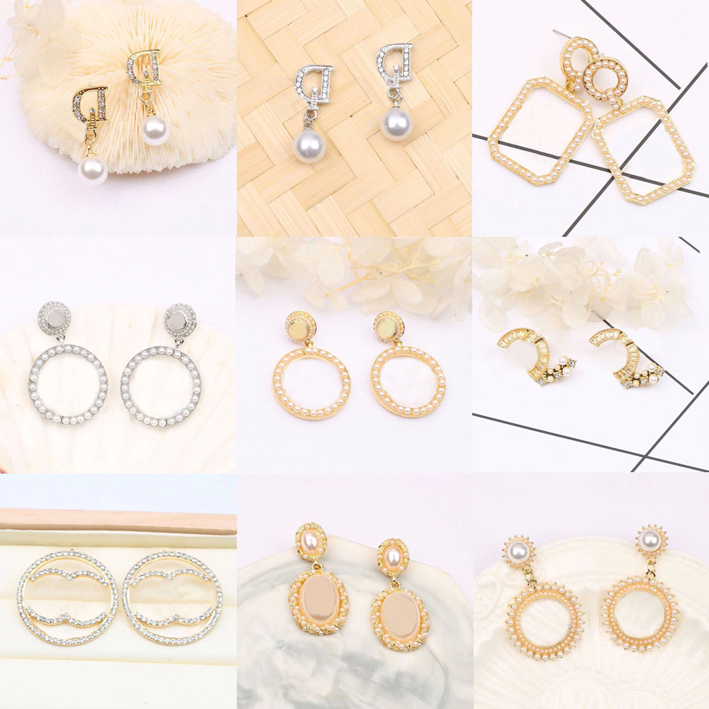 

22ss 20style 18K Gold Plated Copper Alloy Designer Letters Long Stud Earrings Women Simple Small Sweet Wind Crystal Rhinestone Pearl Tassel Earring Jewelry