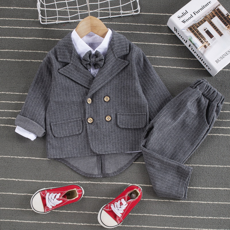 

Baby Boy Clothes Spring British Style Vertical Striped Bow Tie Suit 3pcs Suit children's Gentleman Handsome Suit Kids Clothing, Gray