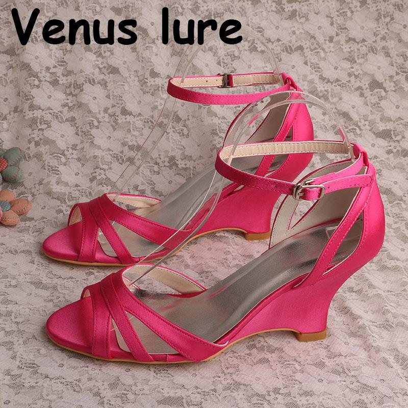 

Satin Fuchsia Bridal Wedge Shoes Sandals Peep Toe Women Wedding Sandals with Ankle Strap, Purple