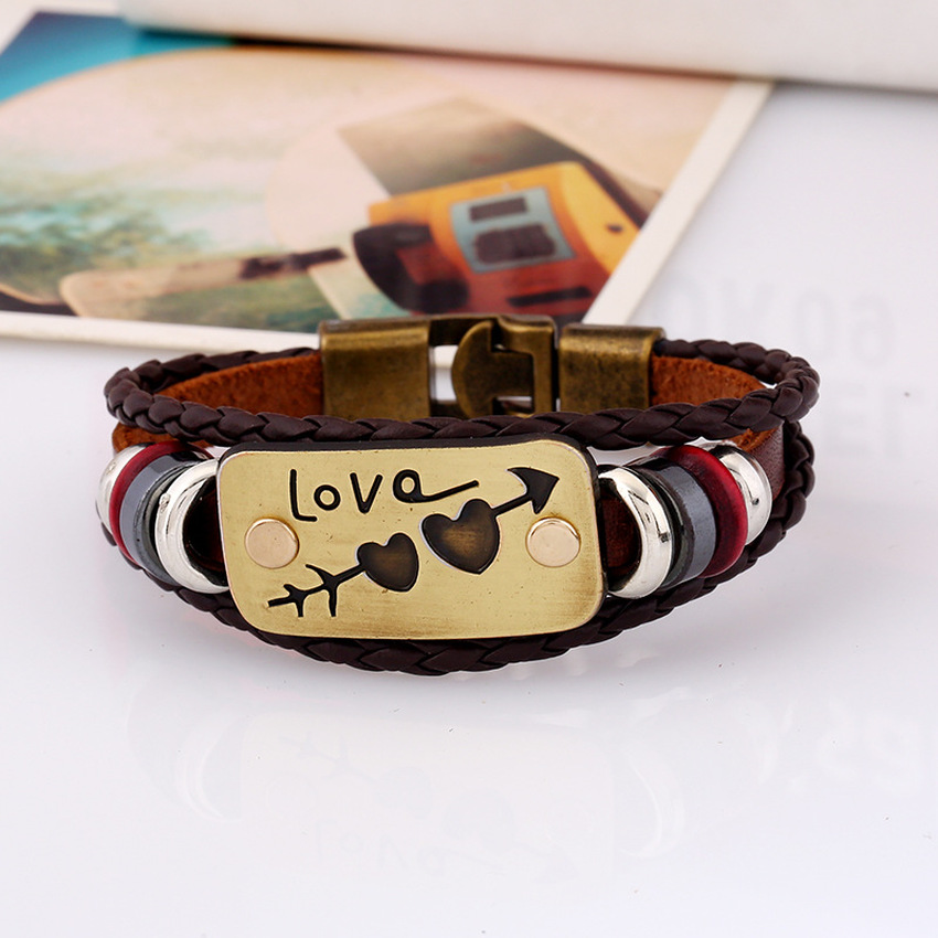 

Couple Love Heart Leather Bracelets Tag Men Women Multilayer Bracelet Fashion Jewelry Girlfriend Gift Will and Sandy, Golden;silver