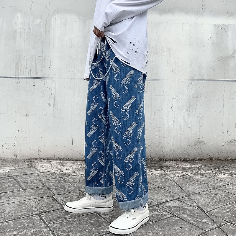 

2021 New Men's Cargo Pocket Wide Leg Baggy Homme Loose Jeans Printing Casual Pants Biker Denim Trousers Large Size -5xl Vlw7, N701