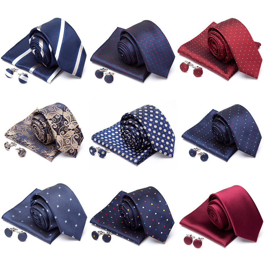 

GroomTie Cravat Cufflinks Set Necktie Fashion Stripe Jacquard Ties Men Party Gift Wedding Dress Handkerchief Accessories, Random