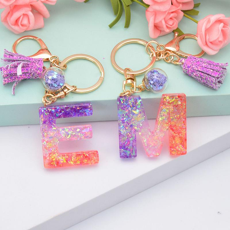 

Keychains Letter Keychain Tassel Key Chain For Car Handbag Charms Keyring Pink Purple Acrylic Pendant Women Gift Accessories Jewelry