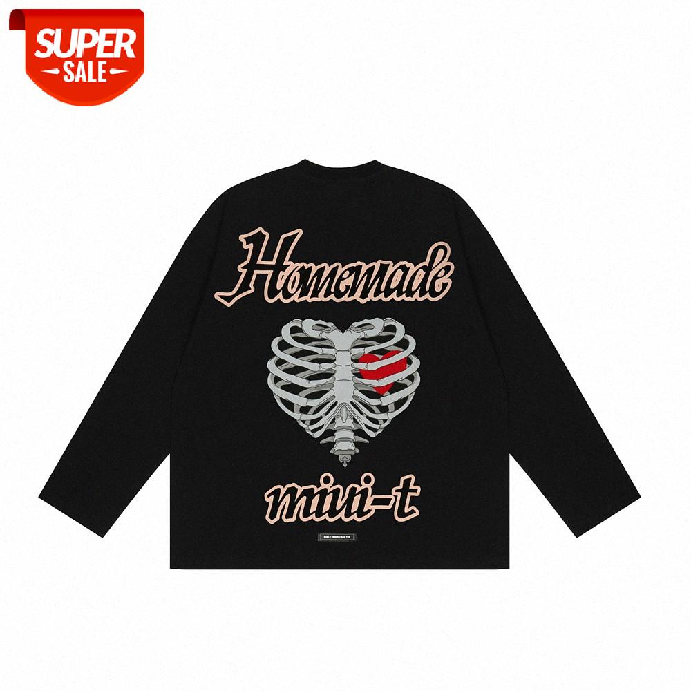 

Love skeleton printing long-sleeved T-shirt men's dark wind loose round neck top American style inner base shirt #xB9s, White;black