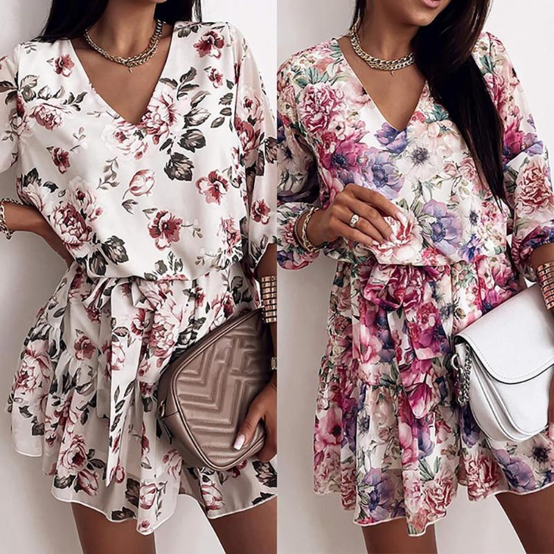 

Casual Dresses Women Floral Print Dress Summer Chiffon High Waist Long Sleeve Sexy V Neck Pleated Ladies Fashion For Daily, White