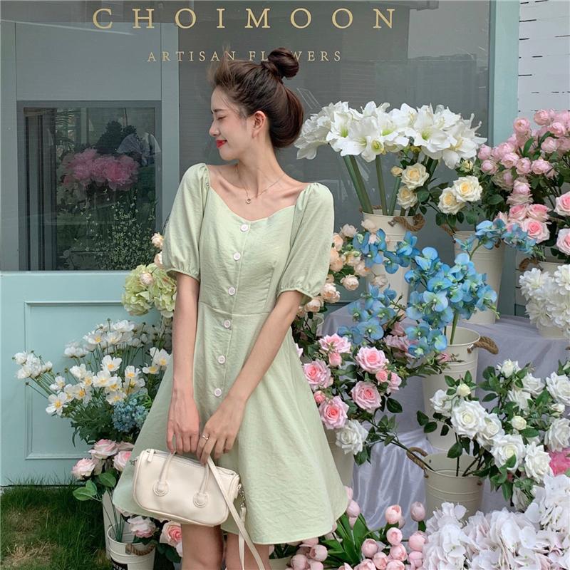 

Casual Dresses 2021 Summer Korean College Style Square Neck Temperament Puff Sleeve Sexy One Piece Fashion Women' Clothing Teenagers Dress, Blue