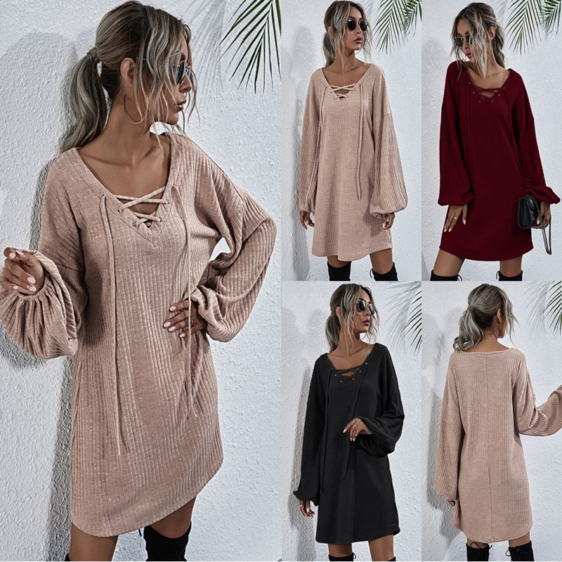 

2021 New Autumn Winter Sexy Womens V-neck Lace Up Mini Party Casual Lantern Sleeve Loose Solid Color Knitted Es Vestidos 2ne3, Black