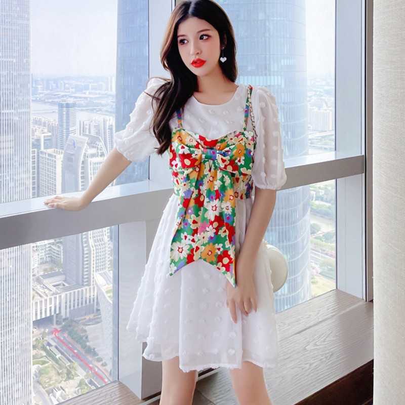 

Summer Korean Fashion White Chiffon Vintage Dress Fake Two-piece Bowknot Short Sleeve Sexy Party Mini 210526, Photo color