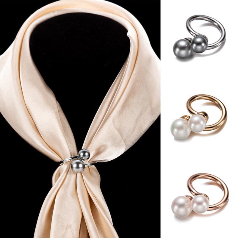 

Pins, Brooches Fashion Double Pearl Scarf Clasp Gold Plated Simple Jewelry Wholesale Clothes Accessories Silk Party Gifts, Gray