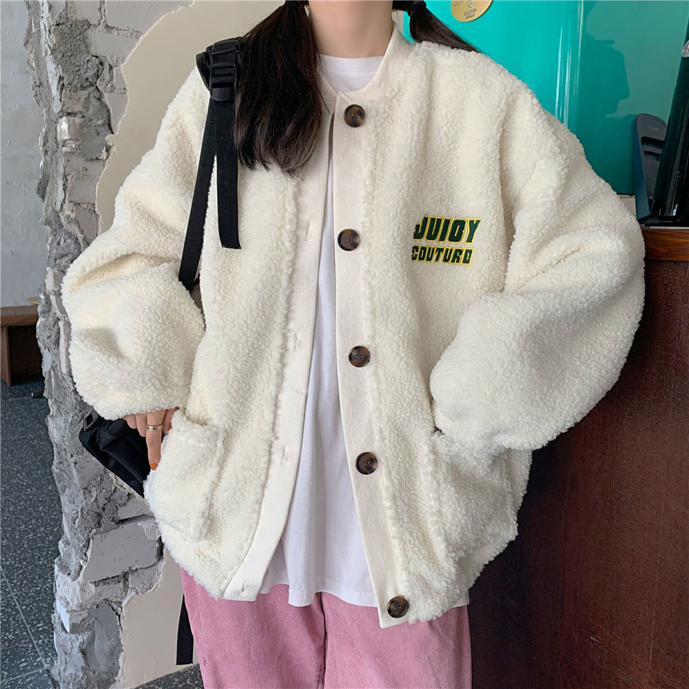 

2021 New Buttons Up Vintage Women Plus Faux Lambswool Sweatshirt Pockets Letter Casual Oversized Harajuku Streetwear Womens Tops Trendy 5ofd, Beige