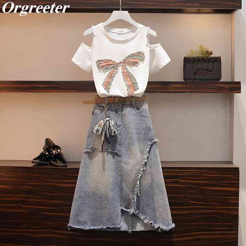 

Summer 2 piece set Women Off shoulder Sequined Bow Tshirt and Ribbon bow pendant Denim Skirt Suits Female Outfits 210525, Only tshirt