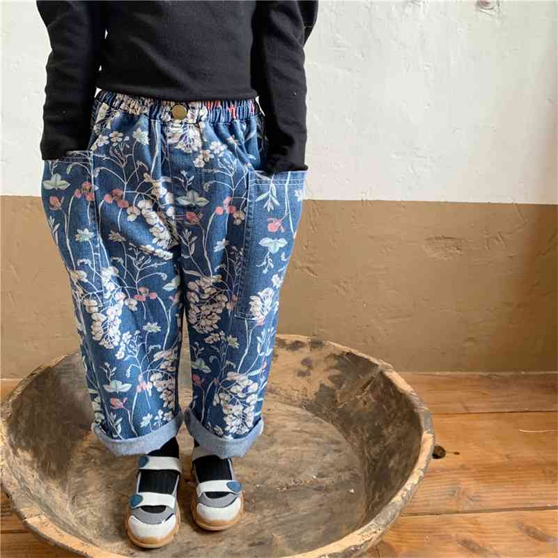 

Autumn girls fashion floral printing jeans retro style wide leg denim pants 210708, Blue