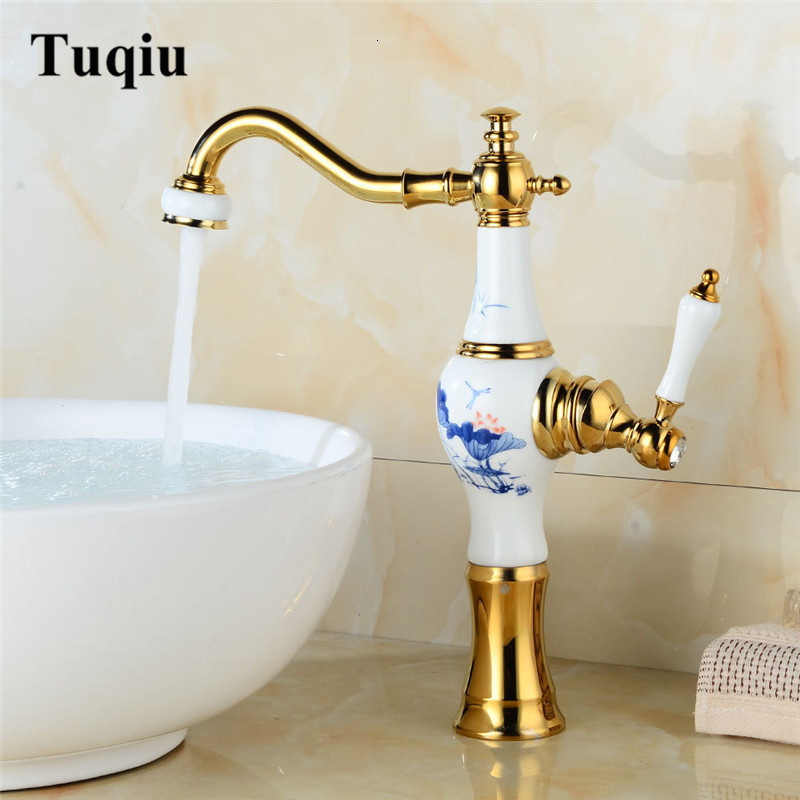 

2021 New Ceramic Sink Deck Mounted Vase Style Brass Bathroom Faucet Hot and Cold Tap Basin Mixer Qdxi