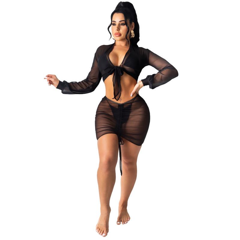 

Women' Swimwear Women Plus Size Beach Cover Up Swim Dress Costume Swimsuit Skirte Bow V Collar Long Sleeve Sexy See Through Bandage Skirt, Khaki