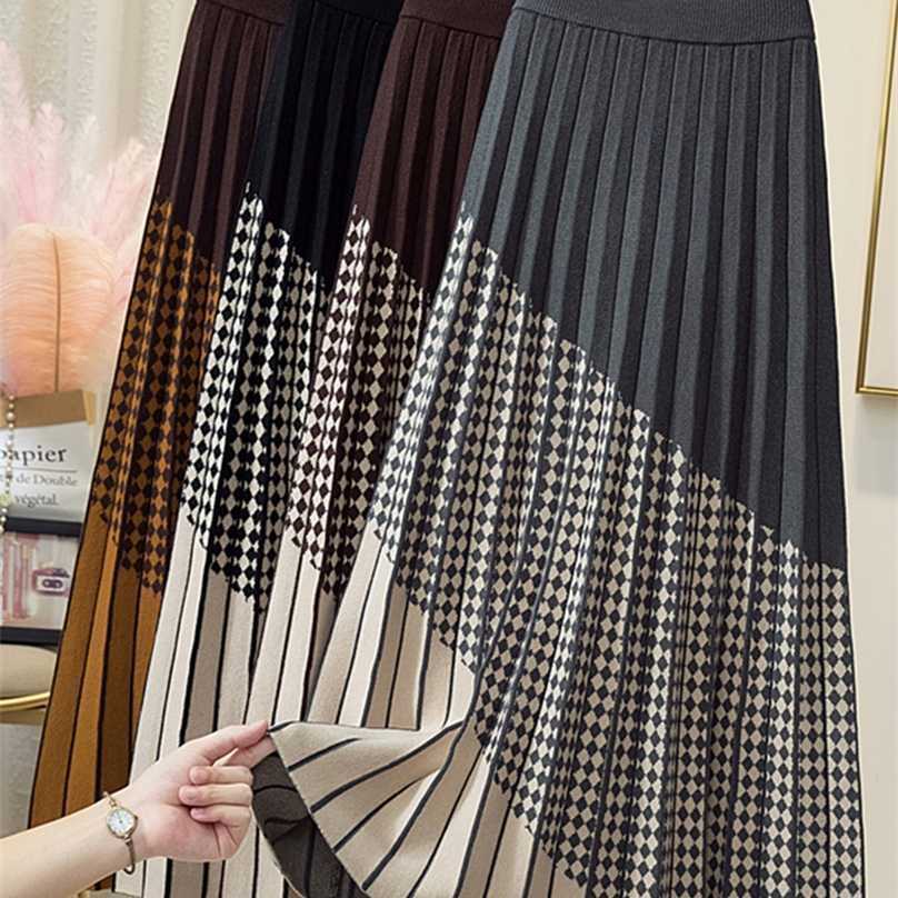 

SURMIITRO Patchwork Knit Midi Long Pleated Skirt Women Autumn Winter Korean Style Mid-Length High Waist A Line Female 211109, Gray
