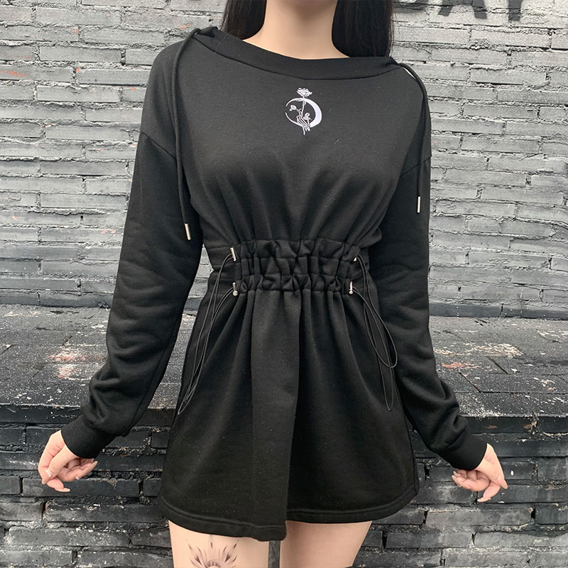 

Harajuku Gothic Black Hoodies Dress Streetwear Punk Rose Print Long Sleeve Hooded Dress Women Autumn High Waist Dresses, Black;gray