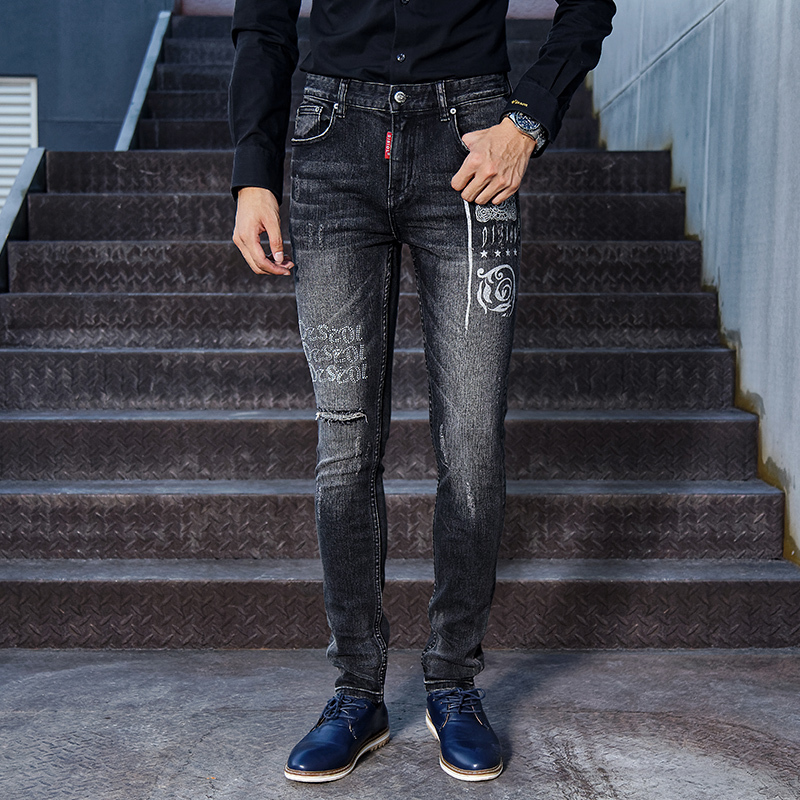 

2021 New Fashion Streetwear Men Black Color Elastic Slim Fit Ripped Jeans High Quality Printed Designer Hip Denim Long Pants Dzhs
