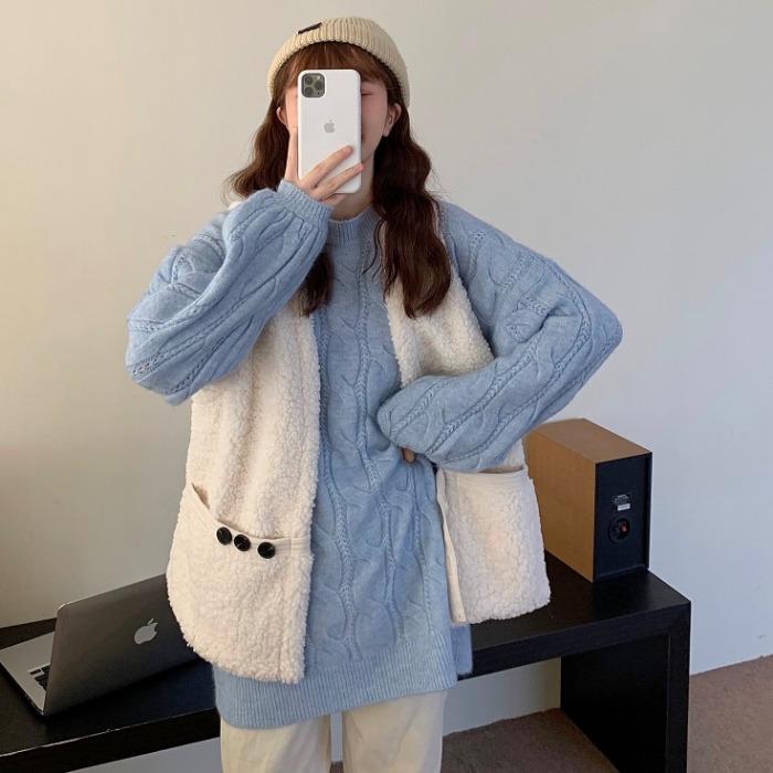 

Gentle style suit women's autumn and winter new style Mahua Mori sweater lamb hair vest coat fried street two piece set, Fuchsia