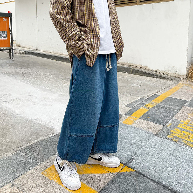 

2021 New Korean Wide-leg Men's Fashion Retro Casual Drawstring Jeans Men Streetwear Loose Hip-hop Straight Denim Trousers Mens Sc1w, Smudge