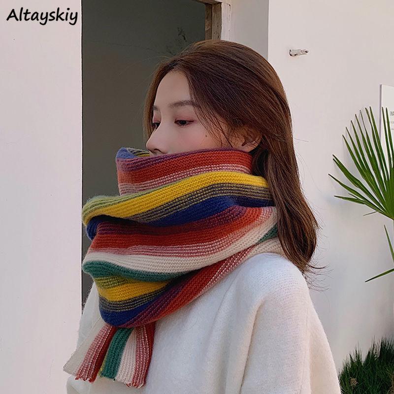 

Scarves Women Chic Rainbow-striped Colorful Ulzzang All-match Vintage Leisure Soft College Girls Autumn Knitted Bufanda, Blue;gray
