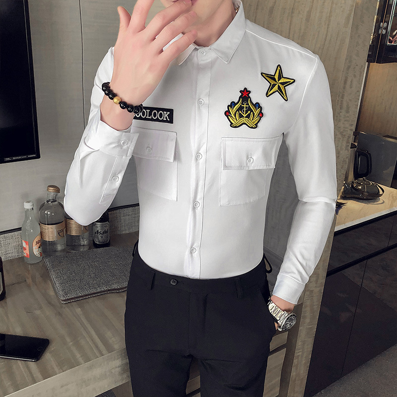 

New Estilo Britnico Primavera Nova Manga Longa Camisas Roupas Masculinas 2021 Frente Bolso Decorao Magro Ajuste Casual Clube Vestido Plus Bs, Black
