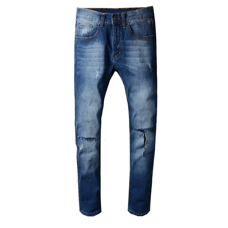 

2021 New Men's Male Fashion Casual Trousers Style Retro Slim-fit Jeans Trendy Mens Cut Hole Beggar Denim Pants 103 U7f2, Blue
