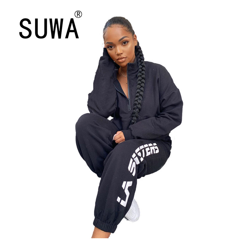 

Streetwear Two 2 Piece Set Women Ladies Tracksuit Female Hoodies Sweat Pants Joggers Trousers Matching Sets Casual Outfits 210525, Black