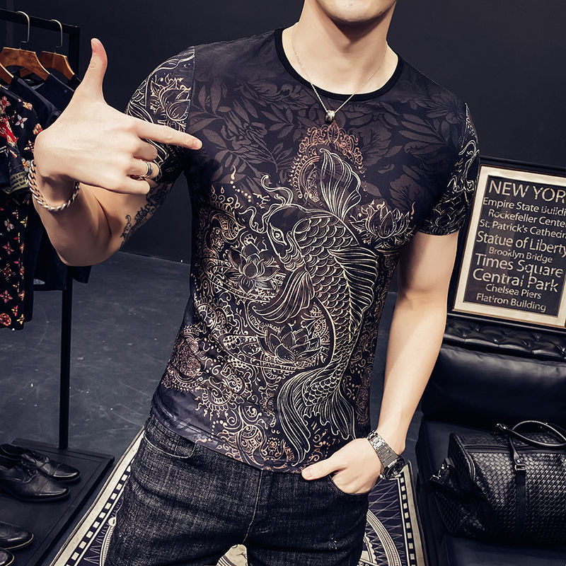 

2021 New Harajuku Tee Homme Summer Korean Sleeve Print Slim Fit t Shirt Social Club Outfits Short Tide Men Tshirt 5a22, Black