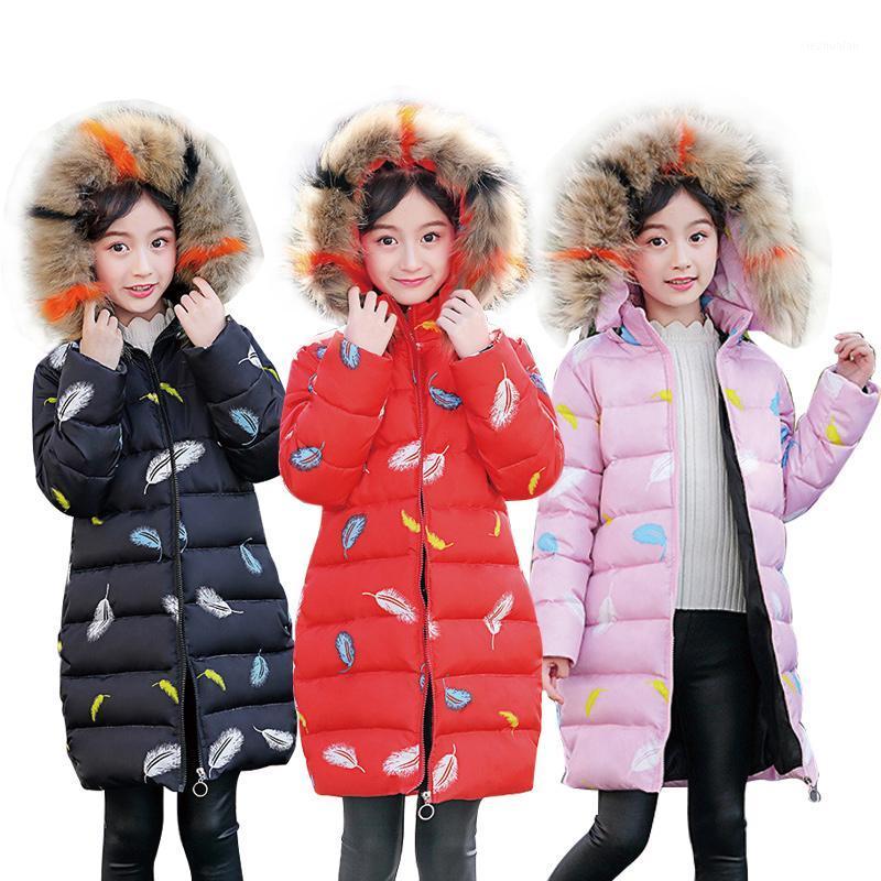 

Girls winter new thick mid-length pure cotton cotton coat jacket Girls down print big fur collar high waist warm jacket1, Black