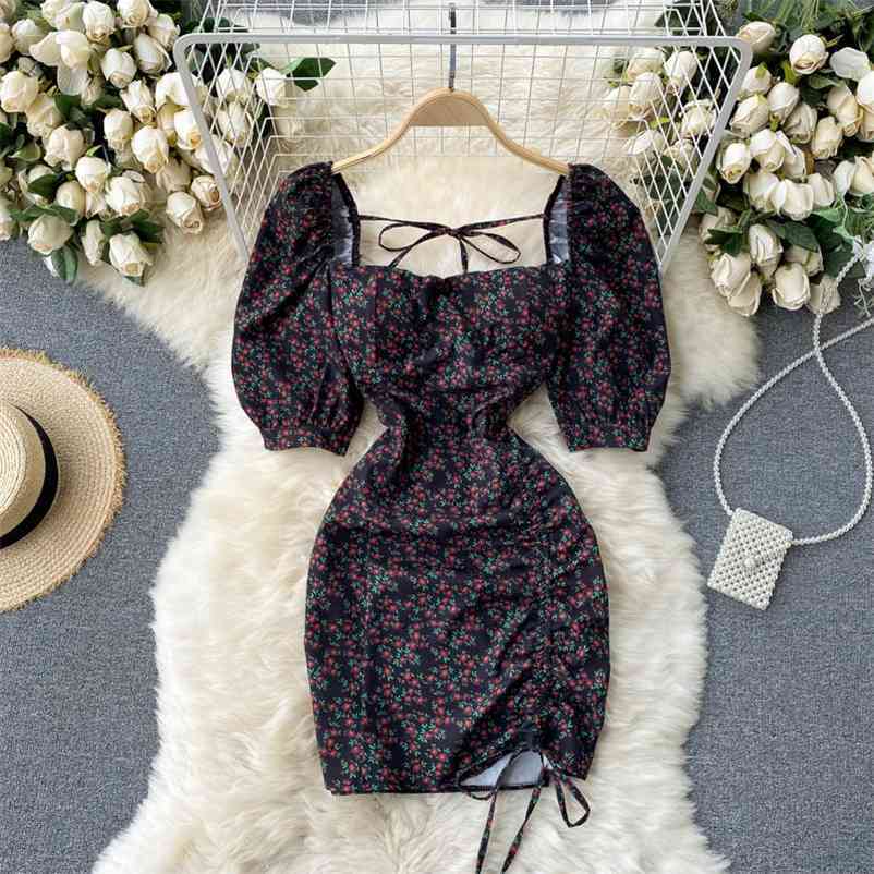 

Women Drawstring Floral Buttocks Dress Short Sleeve Square Collar Slim Fashion Spring Summer 11B748 210525, Black