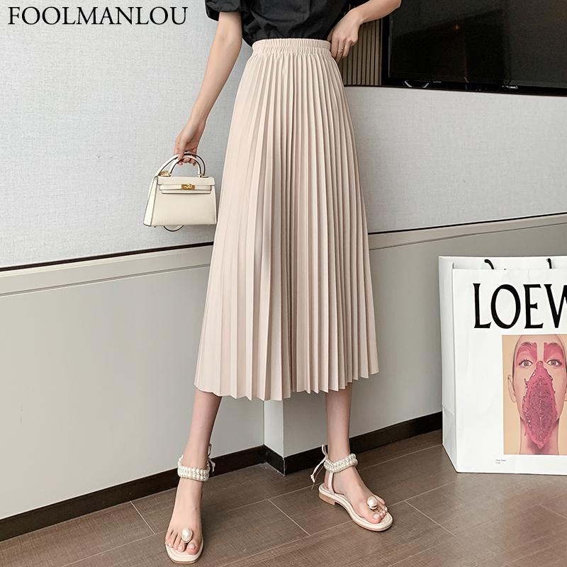 

Skirts FOOLMANLOU High Waist Women Skirt Office Vintage Solid Pleated Midi 2021 Fashion Simple All-match Female, Black