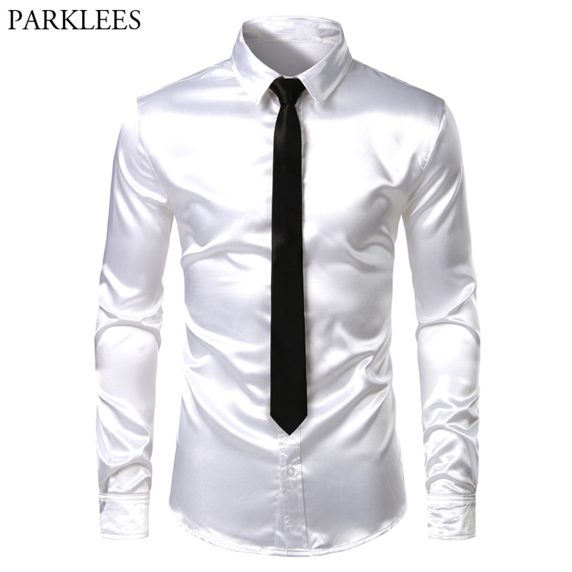 

Men's 2 Pieces (Shirt+Tie) White Silk Satin Dress Shirts Slim Fit Long Sleeve Button Down Shirt Male Wedding Party Prom Chemise 210708