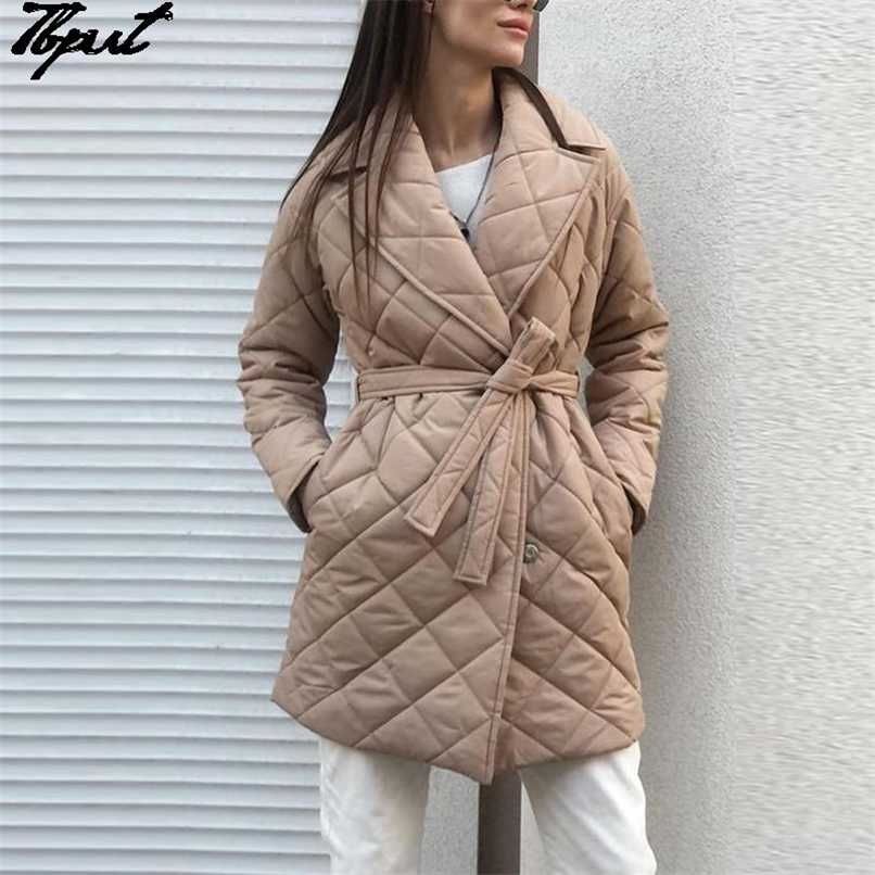 

Women Long Straight Winter Coats Solid Rhombus Pattern Casual Sashes Parkas Pockets Tailored Collar Ladies Stylish Outerwear ZA 211108, White