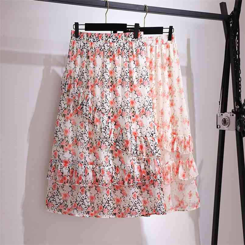 

Ladies Spring Summer Plus Size Long Skirt For Women Large A-line Ruffle Floral Print Flower Skirts 3XL 4XL  6XL 210708, Black