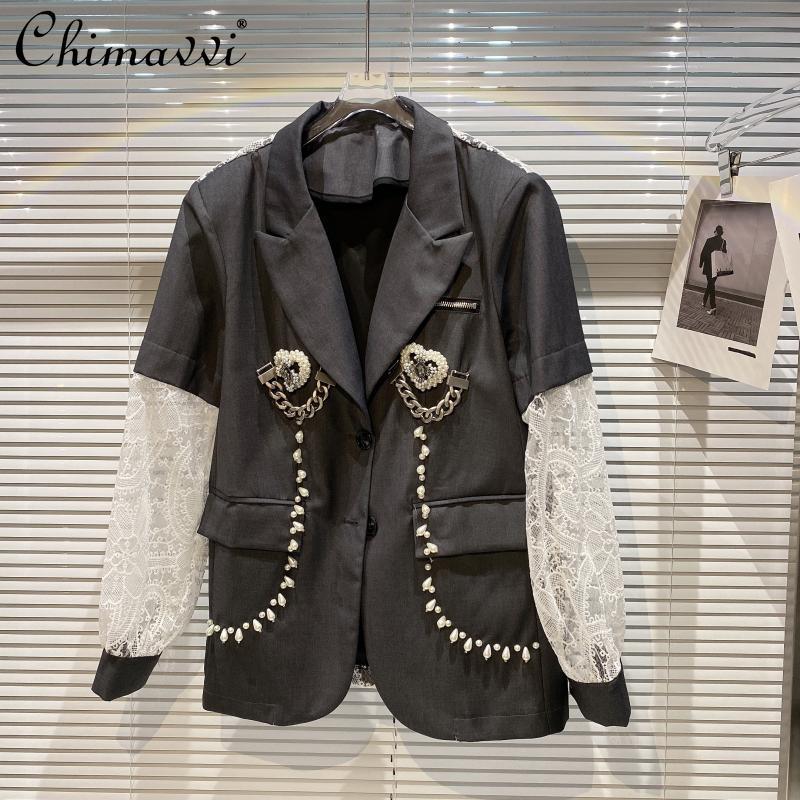 

Women's Suits & Blazers Back Hollowed Heart Shape Chain Lace Stitching Gray Blazer Women Long Sleeves Beaded Business Suit Coat For Lady