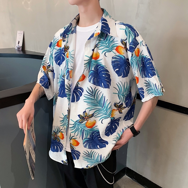 

2021 New Men's Loose Flower Printing Short Sleeve Hawaiian White Shirt Cotton Clothes Mens Brand Fashion Blue/yellow Shirts -2xl M7zu