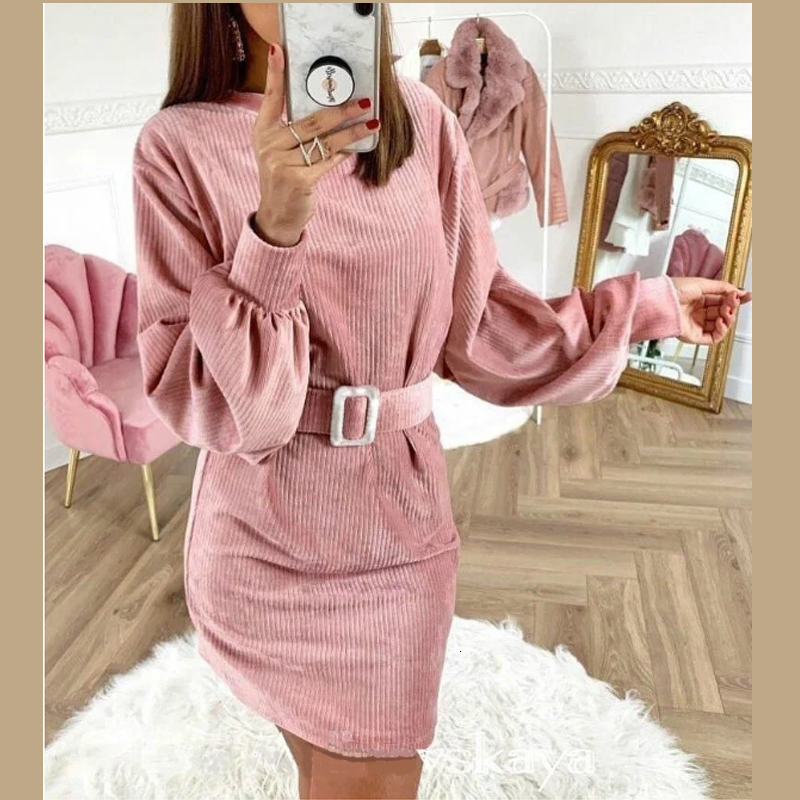 

2021 New Women Vintage Sashes Corduroy Sheath Party Lantern Sleeve o Neck Solid Elegant Casual Mini Autumn Fashion Iwry, Pink
