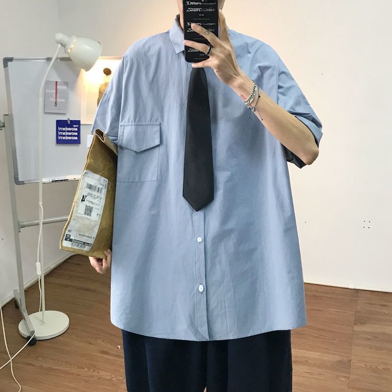 

2021 New Send Tie Summer Men's Short-sleeved Hawaiian Campus Style Shirt Camisa Masculina French Cuff Mens Fashion Shirts M-2xl Miyi, Black