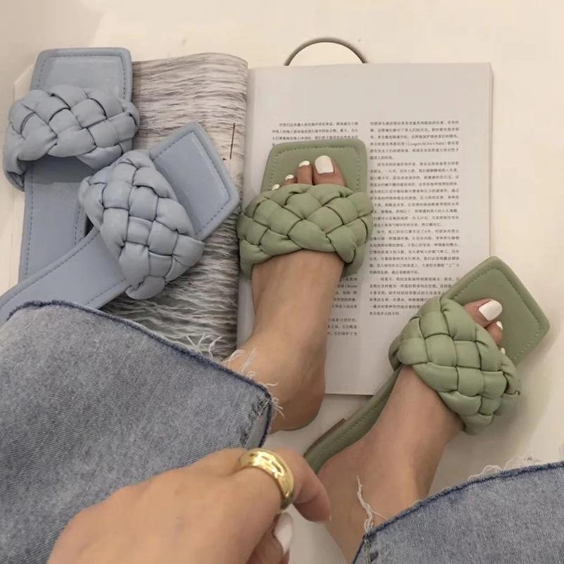 

Slippers 2021 Summer Weave Women Square Toe Flat Casual Shoes Slide Fashion Flip Flops Beach Sandal Slipper Big Size, Black