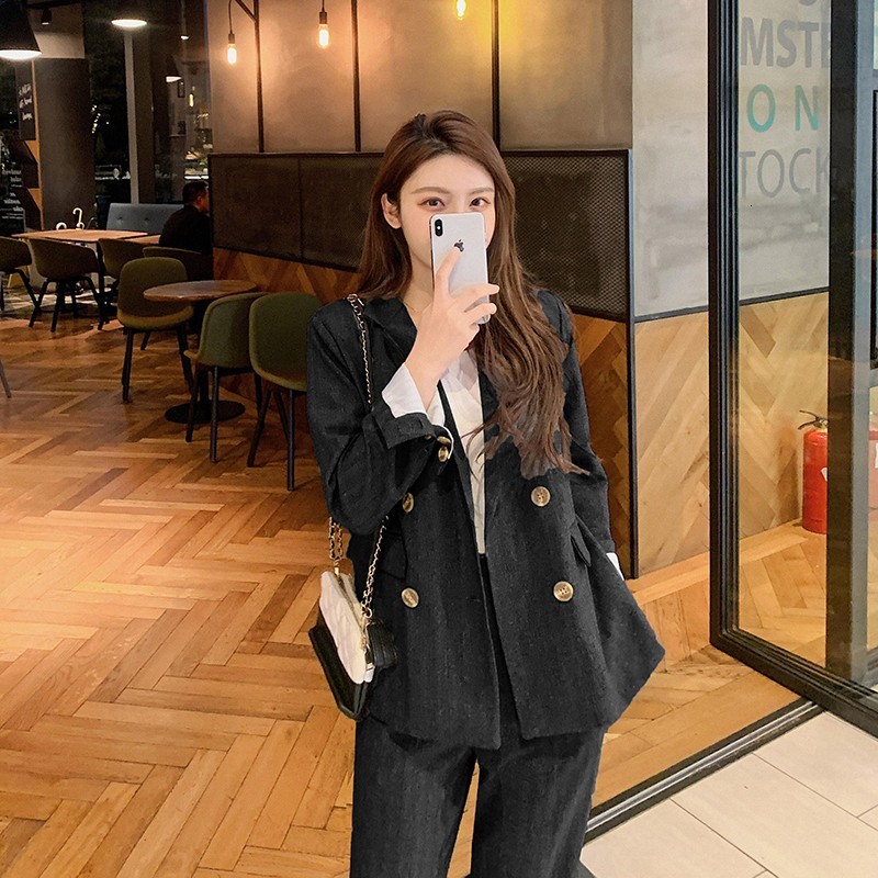 

2021 New Business Suits Ladies Fashion Double Breasted Jacket and Long Pant Office Wear Blazer Set Women Two Pieces Suit Ko7g, Apricot