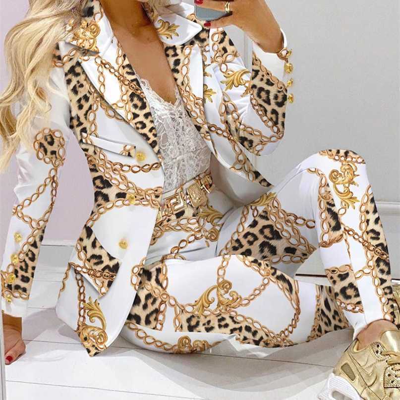 

Autumn Women 2 Pieces Chain Print Blazer Coat & Pants Suit Sets Without Belt Femme Jacket Trousers Office Lady Outfits 211119, Pink