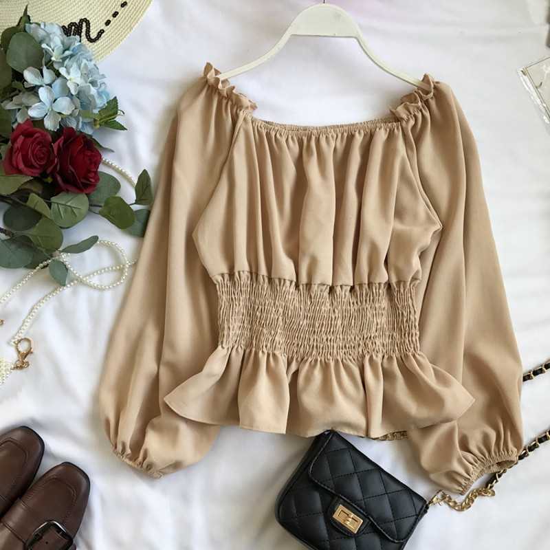 

Women Blouses Horizontal Neck Off Shoulder Bubble Sleeve Clothes Tops White Pink Solid  Shirt 210601, Coral red