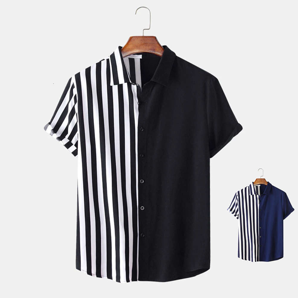 

New summer 2021 Lapel short sleeve two color stripe printed casual men's shirt, White;black