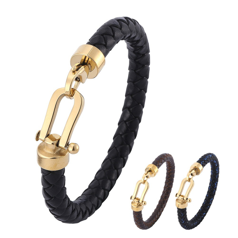 

Fashion Men Jewelry 18K Gold Plated Stainless Steel Charm Genuine Leather Bracelet