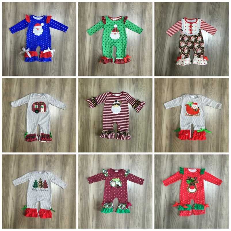 

Girlymax Christmas tree baby girls kids wear romper stripe santa claus toddler cotton boutique children clothes ruffles 211018, H28-6-1 581046