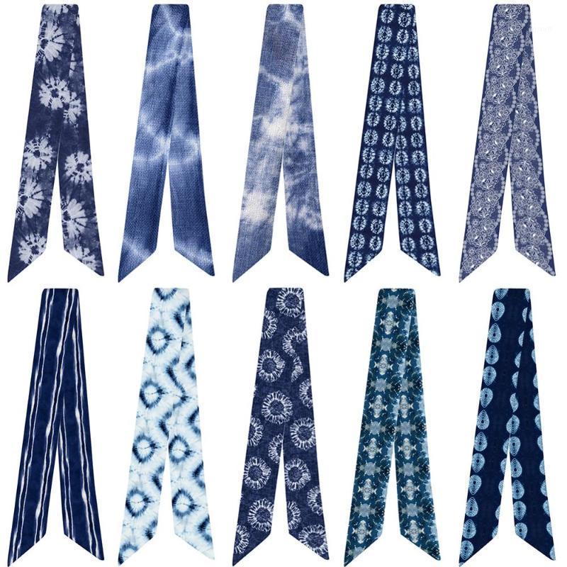 

Scarves 2021 Literary Tie-dye Printing Variety Bag Handle Tie Wrap Silk Scarf Small 5*95cm, Blue;gray