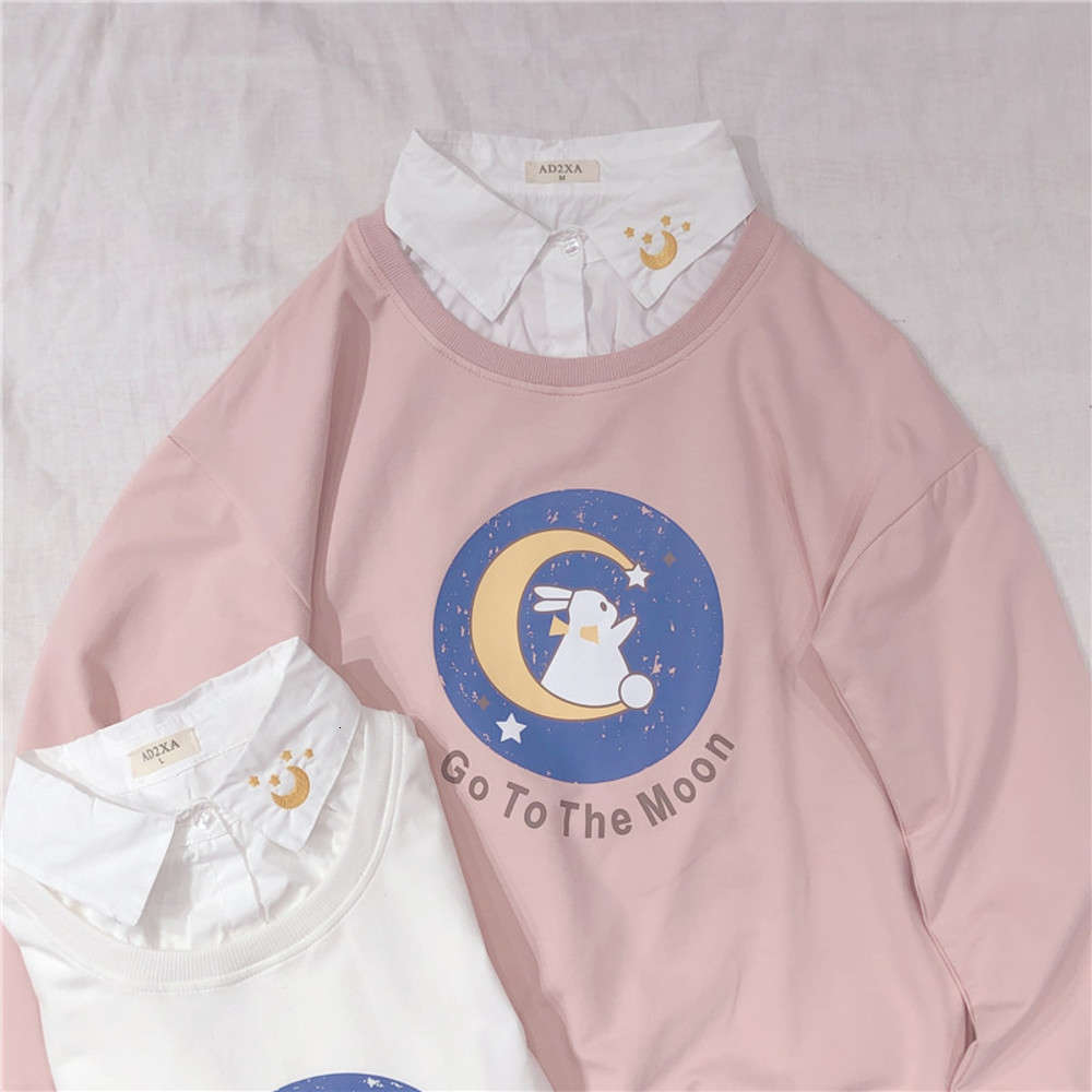 

Autumn Cute Moon Rabbit Printing Casual Sweatshirt Korean Young Girl False two pieces Polo Collar Student Hoodies Harajuku Tops, Black