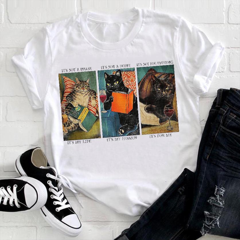 

cute cat fashion summer spring women t shirts short sleeve clothing clothes print female tee ladies graphic shirt, White